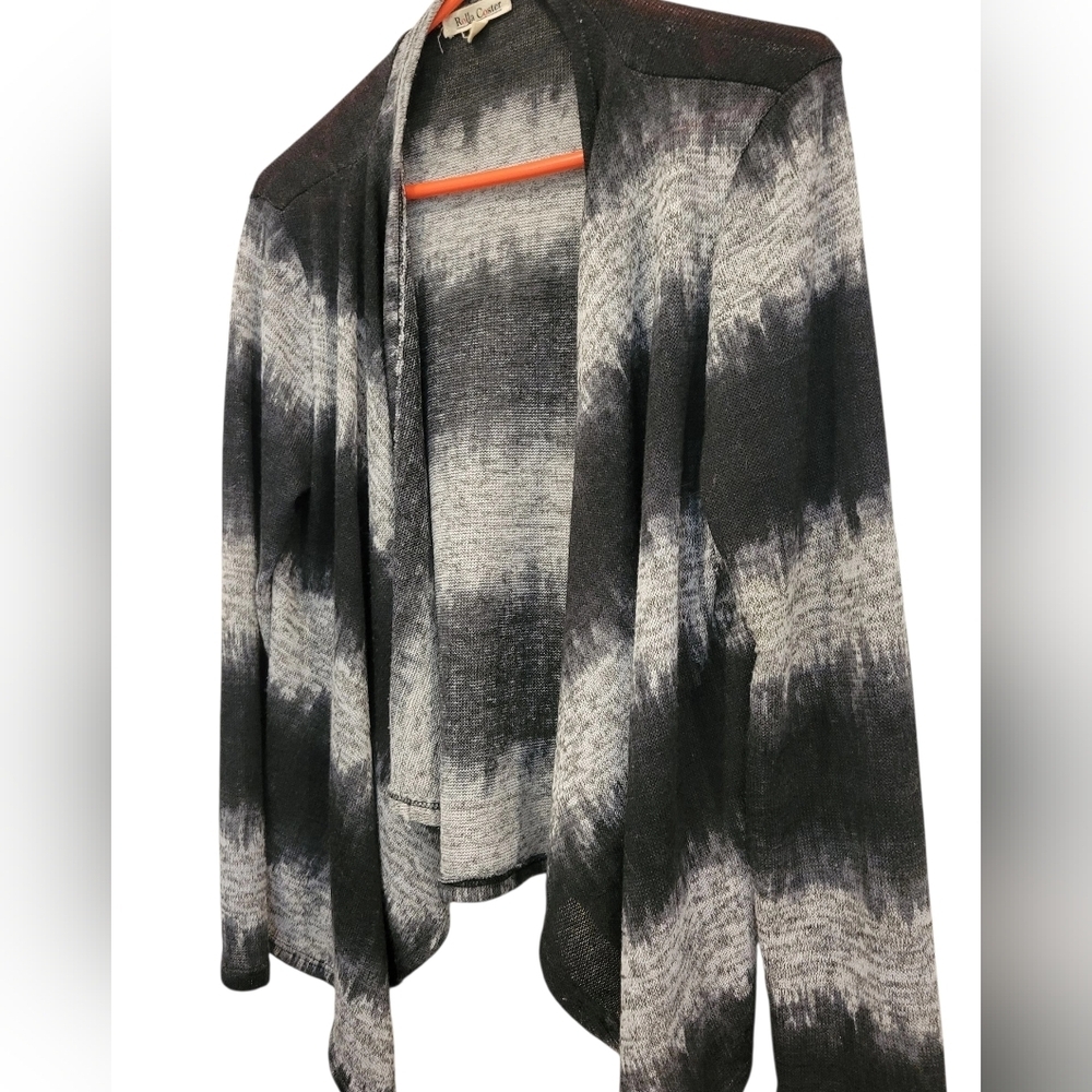 Roller Coster Black Grey Knit Open Front Sweater Cover UP long Sleeves Med